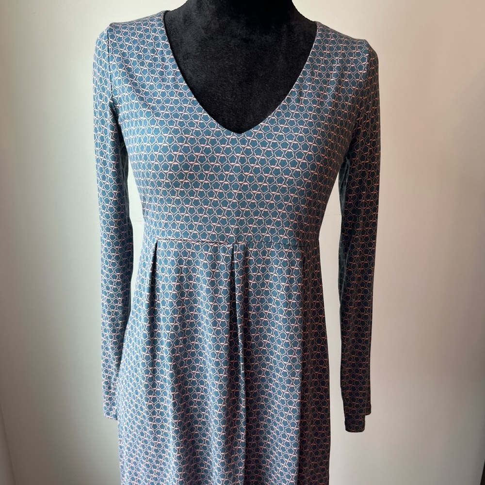 Boden Navy & White Geo Floral Empire Waist Dress Jersey Knit Stretch UK12/US8